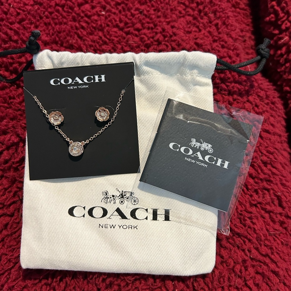 COACH Rose Gold-Tone Crystal Pendant Necklace and Studs